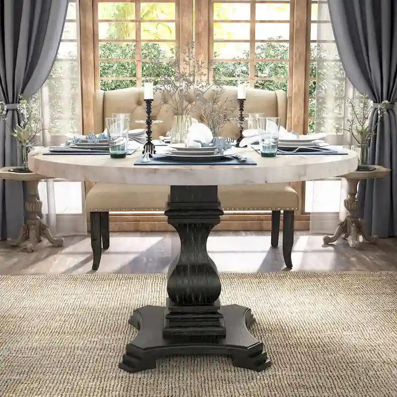 Table à manger sur pied blanche et noire antique, 4 places