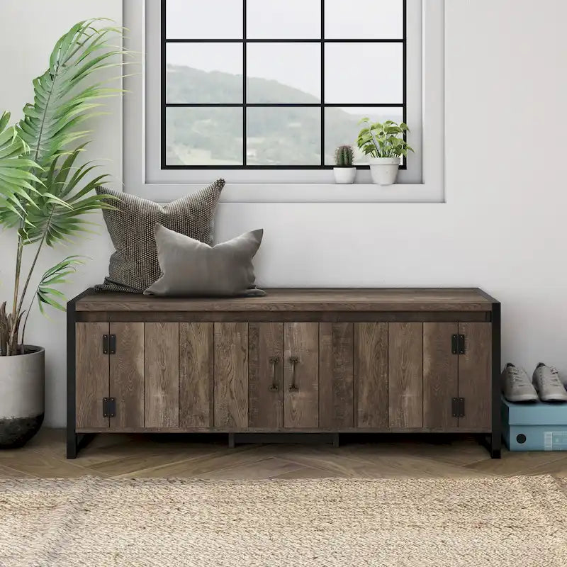 Banc de rangement de style industriel en chêne recyclé avec meuble, mono-utilisateur, 49 po