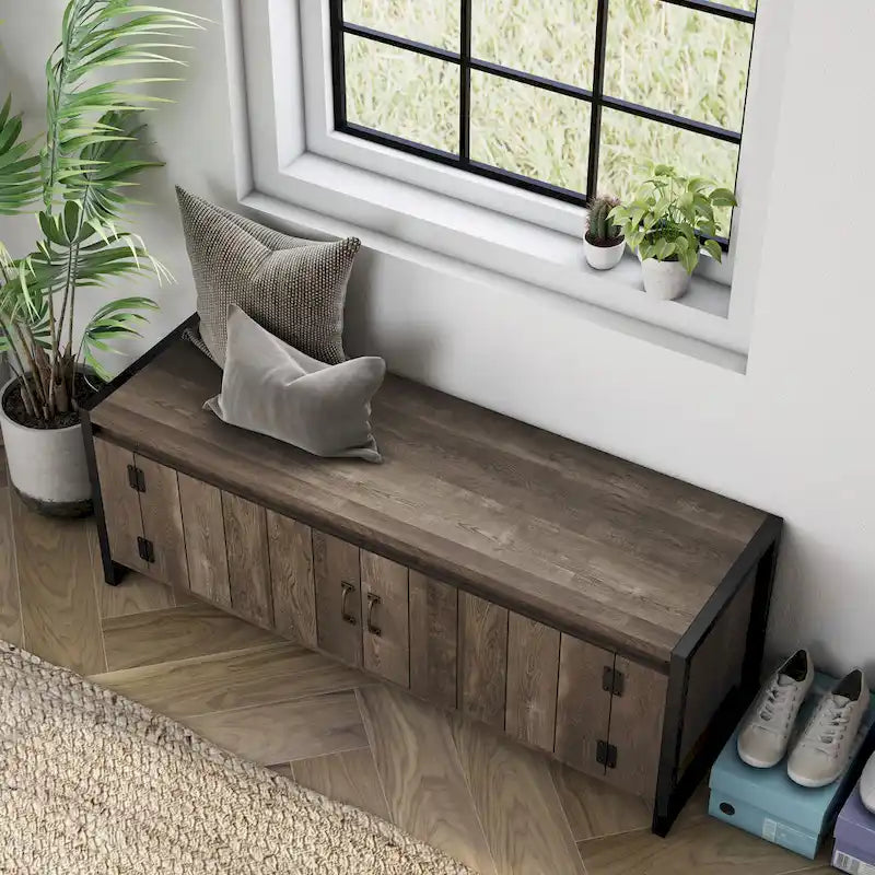 Banc de rangement de style industriel en chêne recyclé avec meuble, mono-utilisateur, 49 po