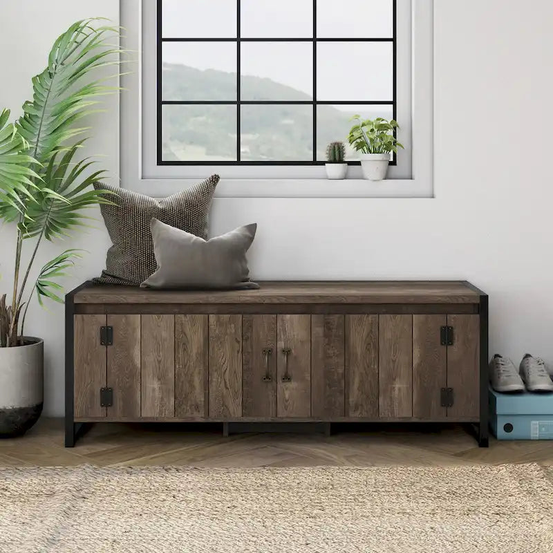 Banc de rangement de style industriel en chêne recyclé avec meuble, mono-utilisateur, 49 po