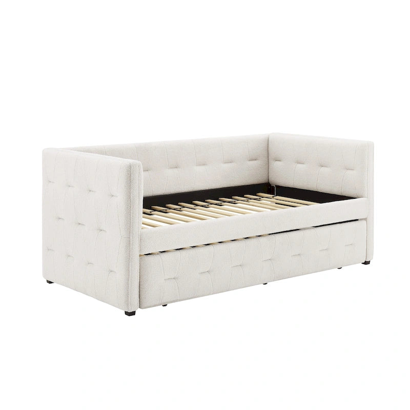 Lit de repos capitonné en velours Chameau / Blanc / Gris avec lit gigogne, 2 places