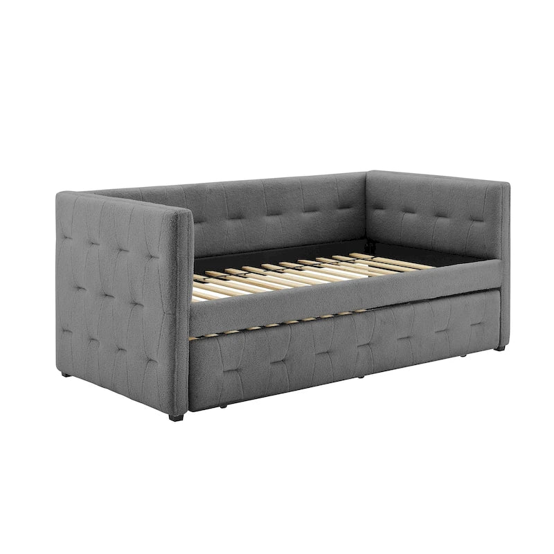 Lit de repos capitonné en velours Chameau / Blanc / Gris avec lit gigogne, 2 places