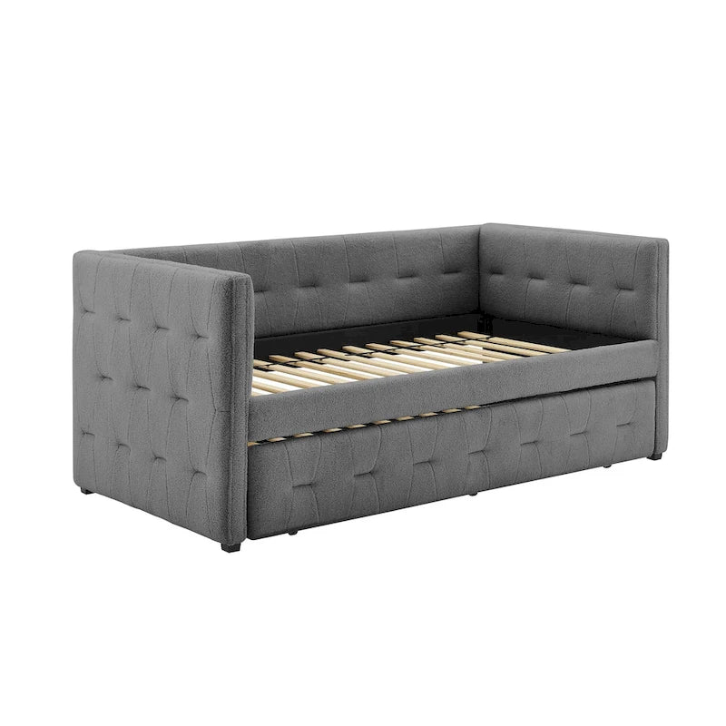Lit de repos capitonné en velours Chameau / Blanc / Gris avec lit gigogne, 2 places