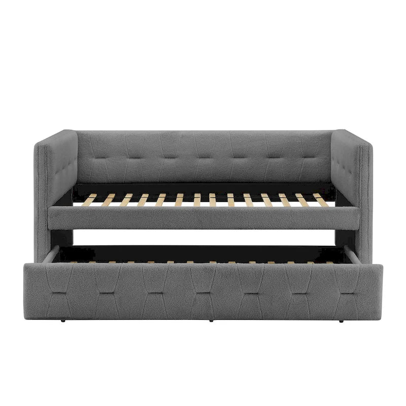 Lit de repos capitonné en velours Chameau / Blanc / Gris avec lit gigogne, 2 places