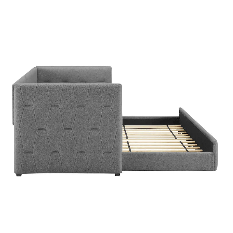 Lit de repos capitonné en velours Chameau / Blanc / Gris avec lit gigogne, 2 places