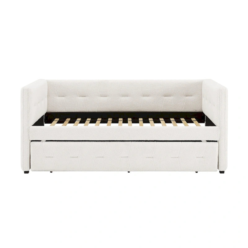 Lit de repos capitonné en velours Chameau / Blanc / Gris avec lit gigogne, 2 places