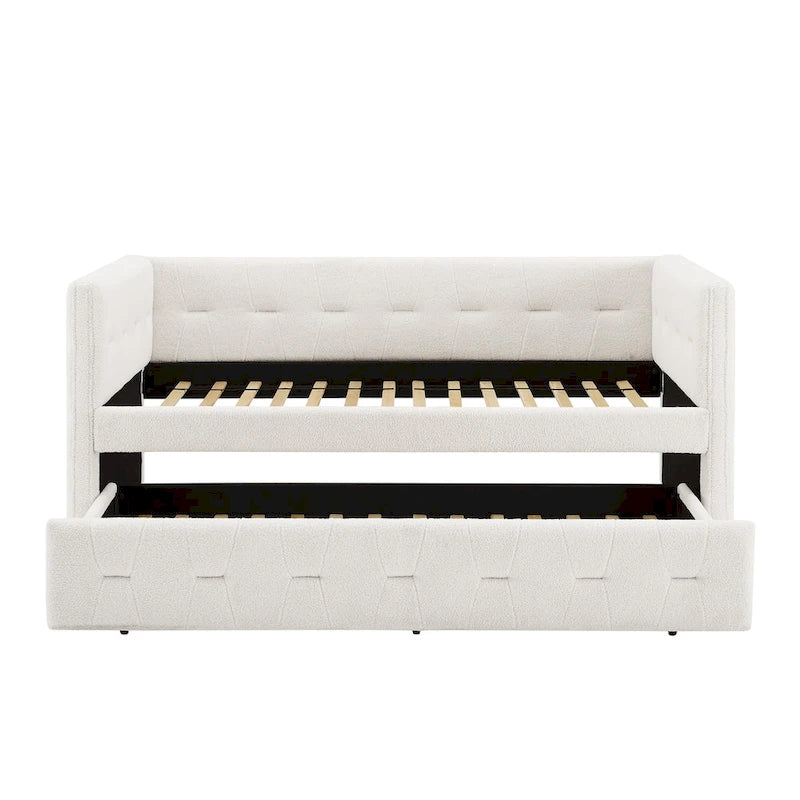 Lit de repos capitonné en velours Chameau / Blanc / Gris avec lit gigogne, 2 places