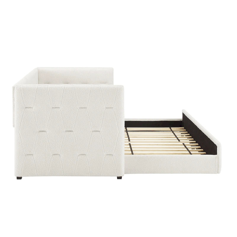 Lit de repos capitonné en velours Chameau / Blanc / Gris avec lit gigogne, 2 places