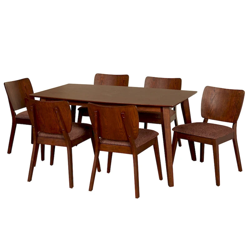 Ensemble de salle à manger du milieu du siècle en velours côtelé marron noyer 7 places (7 pièces)