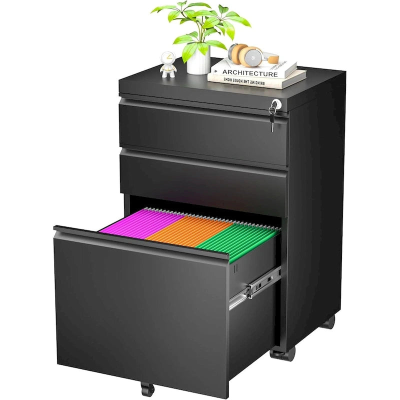 Meuble de classement métallique à 3 tiroirs avec roulettes – Plusieurs couleurs, bureau à domicile