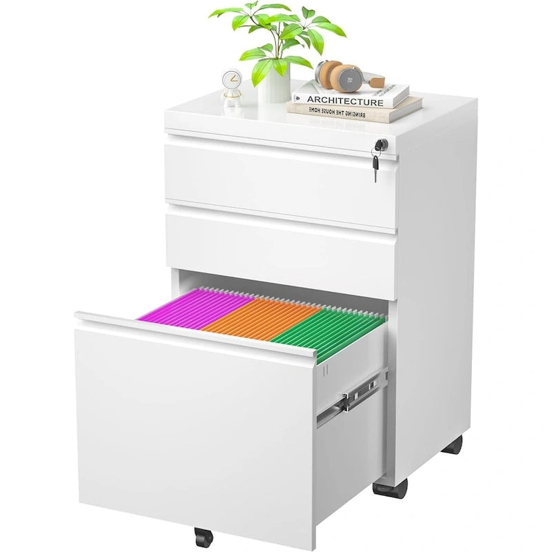 Meuble de classement métallique à 3 tiroirs avec roulettes – Plusieurs couleurs, bureau à domicile