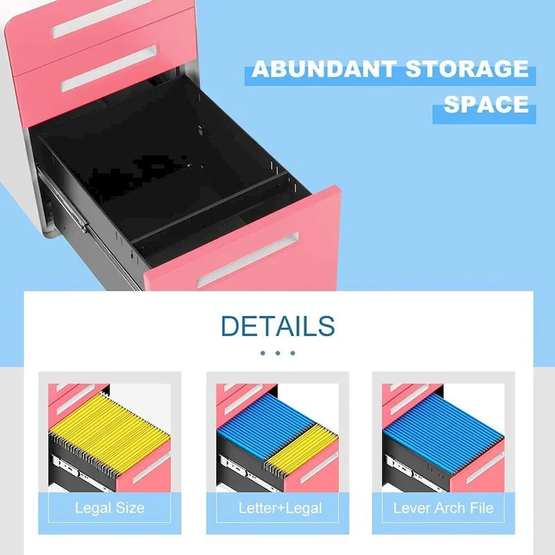 Meuble de classement métallique à 3 tiroirs avec roulettes – Plusieurs couleurs, bureau à domicile
