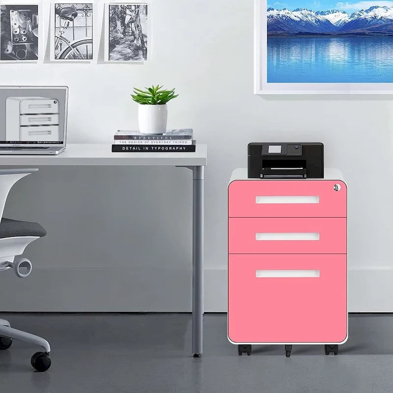 Meuble de classement métallique à 3 tiroirs avec roulettes – Plusieurs couleurs, bureau à domicile