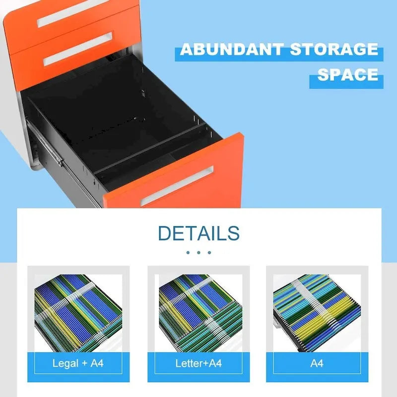 Meuble de classement métallique à 3 tiroirs avec roulettes – Plusieurs couleurs, bureau à domicile