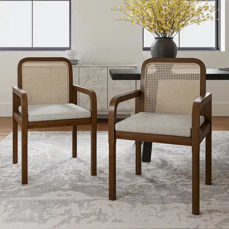 Chaise de salle à manger noire/chêne clair avec dossier en rotin et coussin amovible, lot de 2