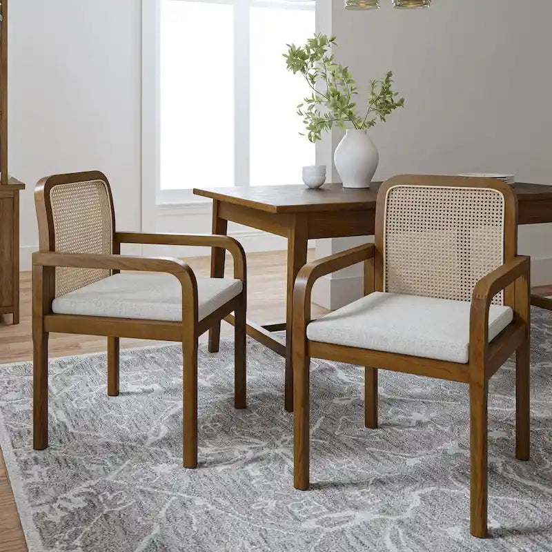 Chaise de salle à manger noire/chêne clair avec dossier en rotin et coussin amovible, lot de 2