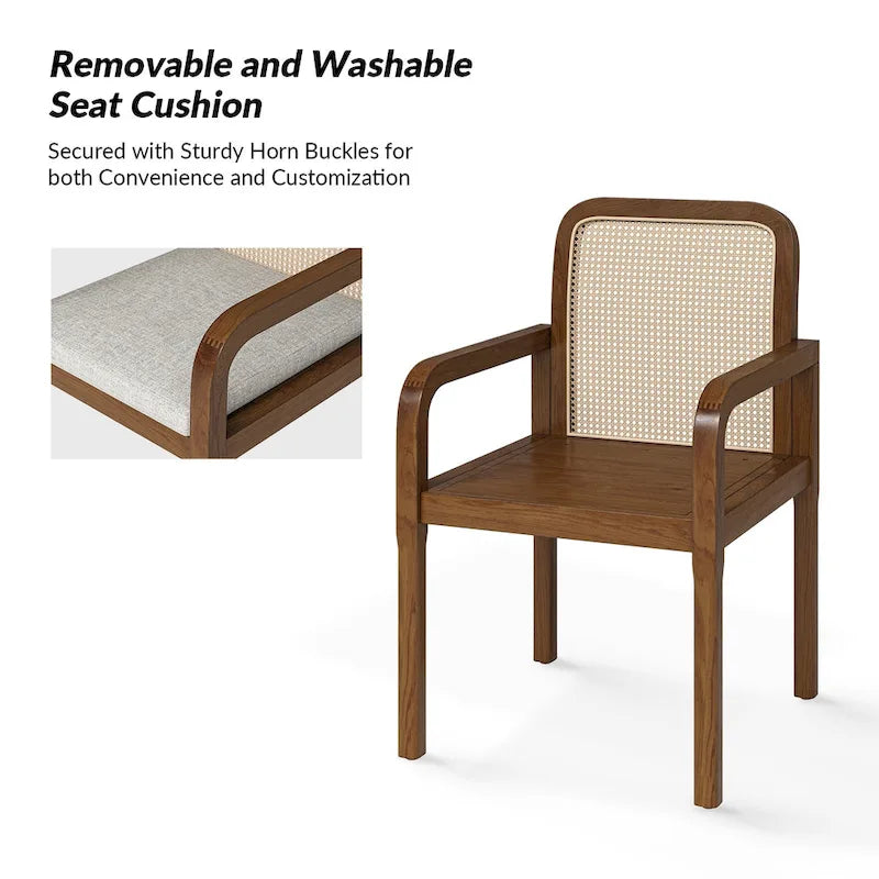 Chaise de salle à manger noire/chêne clair avec dossier en rotin et coussin amovible, lot de 2
