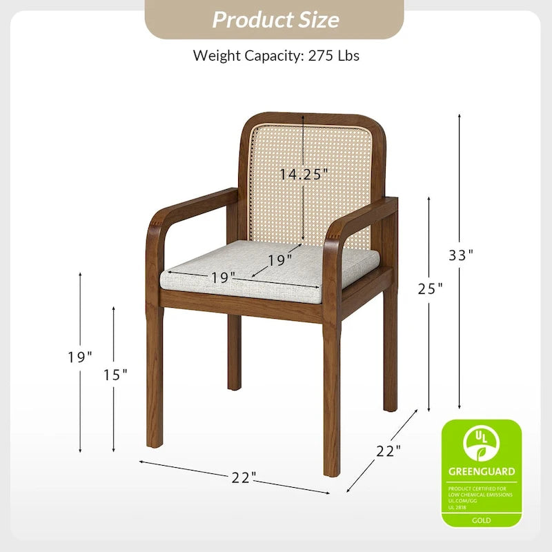 Chaise de salle à manger noire/chêne clair avec dossier en rotin et coussin amovible, lot de 2