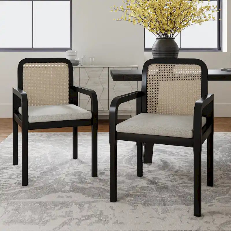 Chaise de salle à manger noire/chêne clair avec dossier en rotin et coussin amovible, lot de 2