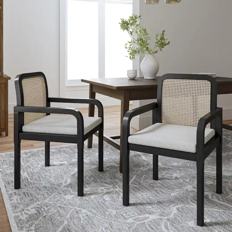 Chaise de salle à manger noire/chêne clair avec dossier en rotin et coussin amovible, lot de 2
