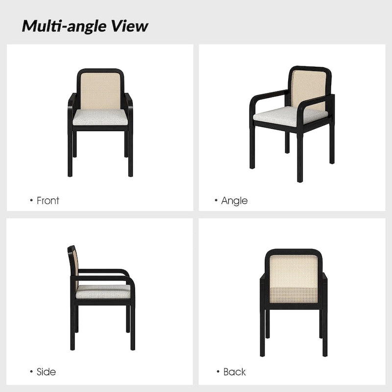 Chaise de salle à manger noire/chêne clair avec dossier en rotin et coussin amovible, lot de 2