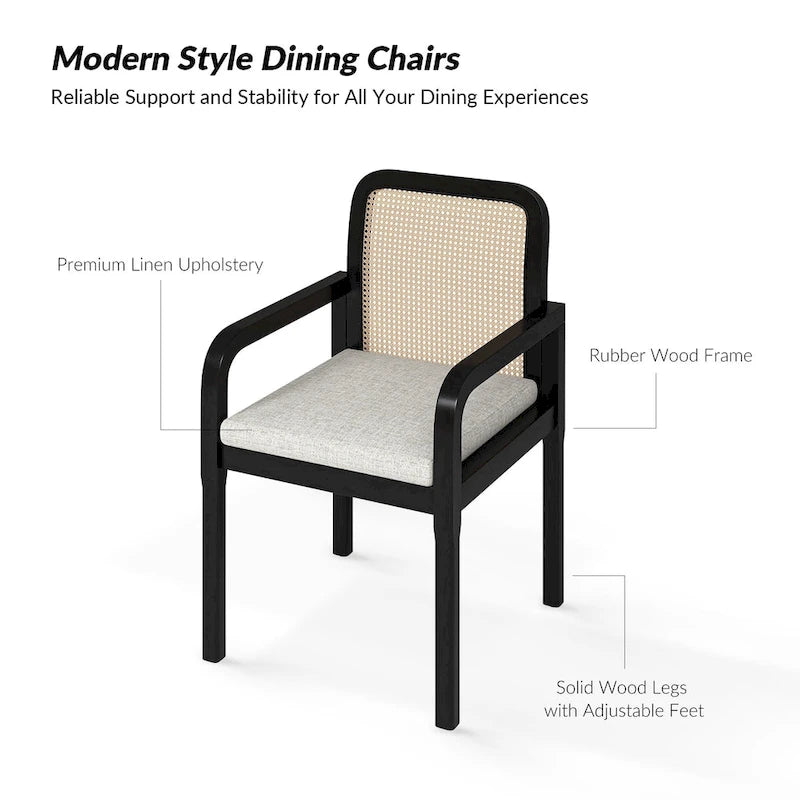 Chaise de salle à manger noire/chêne clair avec dossier en rotin et coussin amovible, lot de 2