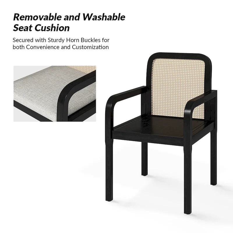 Chaise de salle à manger noire/chêne clair avec dossier en rotin et coussin amovible, lot de 2