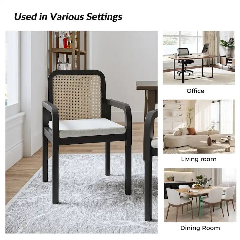Chaise de salle à manger noire/chêne clair avec dossier en rotin et coussin amovible, lot de 2