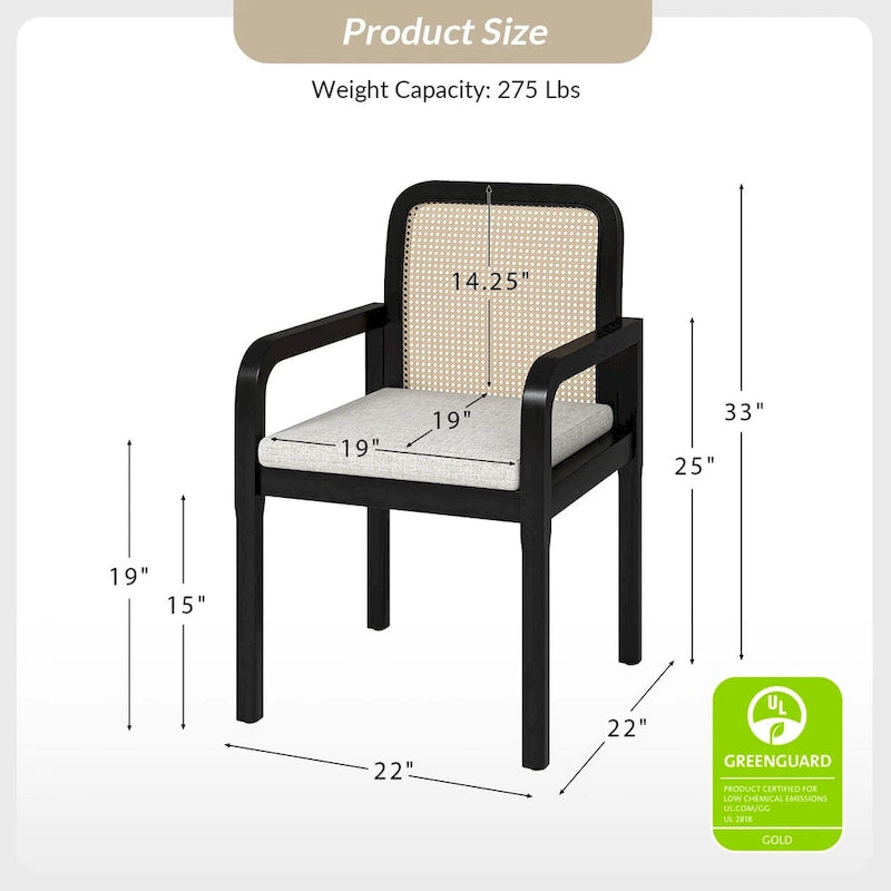 Chaise de salle à manger noire/chêne clair avec dossier en rotin et coussin amovible, lot de 2