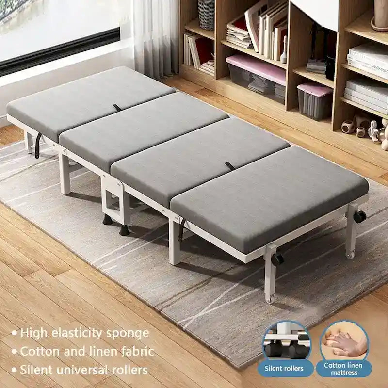Lit pliant roulant en acier noir avec matelas en mousse à mémoire de forme, simple