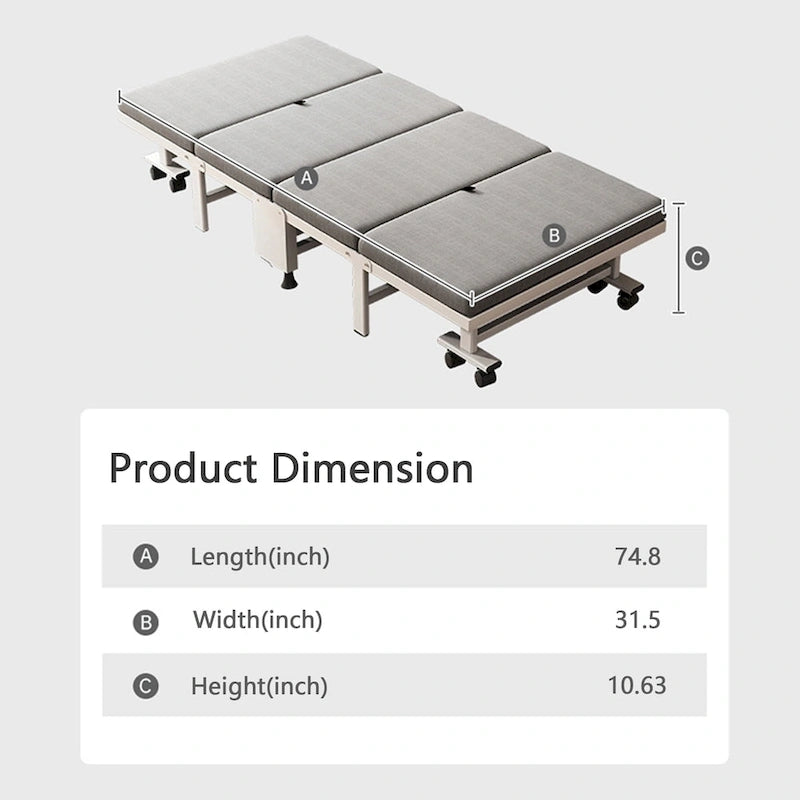 Lit pliant roulant en acier noir avec matelas en mousse à mémoire de forme, simple