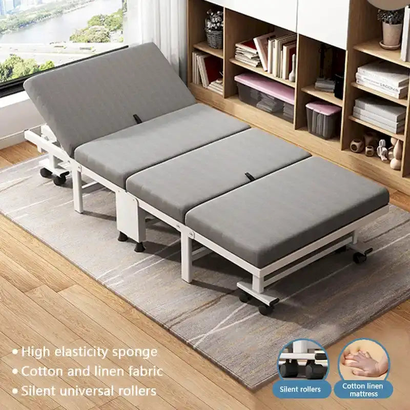 Lit pliant roulant en acier noir avec matelas en mousse à mémoire de forme, simple