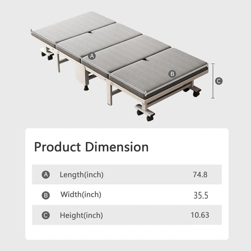 Lit pliant roulant en acier noir avec matelas en mousse à mémoire de forme, simple