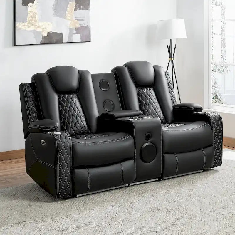 Canapé deux places en cuir synthétique de qualité supérieure pour cinéma maison, avec lumières DEL, fauteuil inclinable avec haut-parleurs intégrés et recharge sans fil
