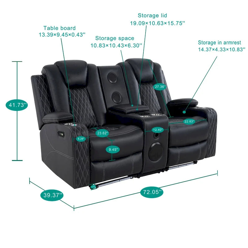Canapé deux places en cuir synthétique de qualité supérieure pour cinéma maison, avec lumières DEL, fauteuil inclinable avec haut-parleurs intégrés et recharge sans fil