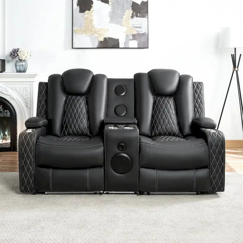 Canapé deux places en cuir synthétique de qualité supérieure pour cinéma maison, avec lumières DEL, fauteuil inclinable avec haut-parleurs intégrés et recharge sans fil