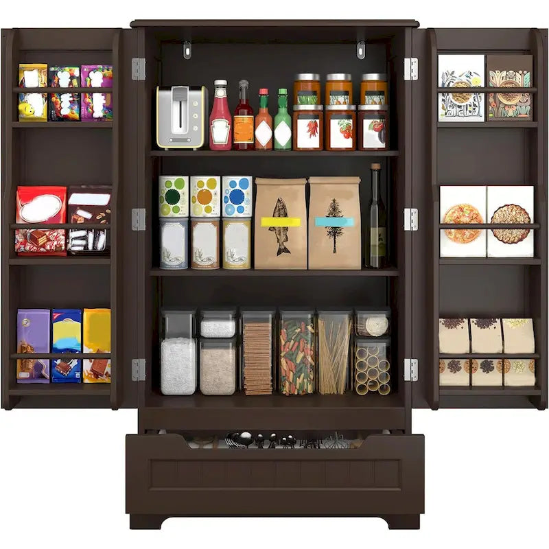 Armoire de cuisine blanche autoportante avec 3 étagères, 1 tiroir et rangements de porte – Montage par 1 personne