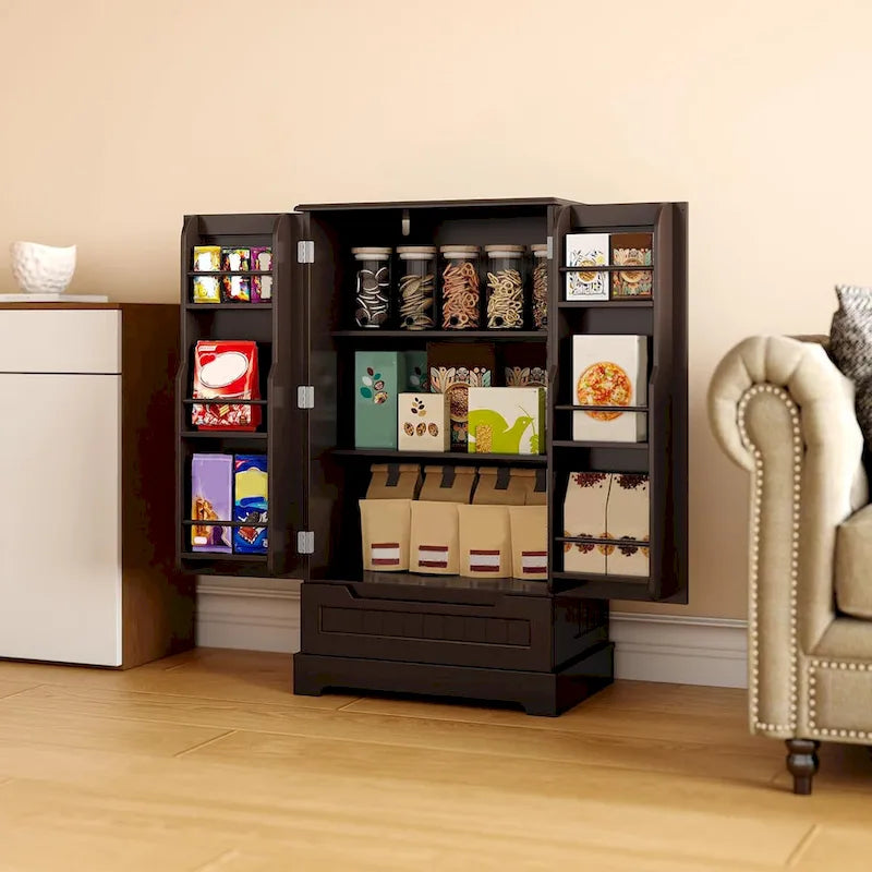 Armoire de cuisine blanche autoportante avec 3 étagères, 1 tiroir et rangements de porte – Montage par 1 personne