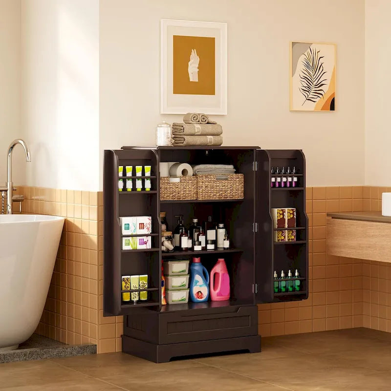 Armoire de cuisine blanche autoportante avec 3 étagères, 1 tiroir et rangements de porte – Montage par 1 personne