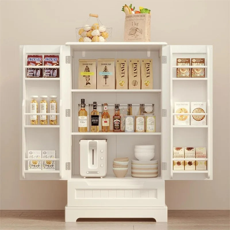 Armoire de cuisine blanche autoportante avec 3 étagères, 1 tiroir et rangements de porte – Montage par 1 personne