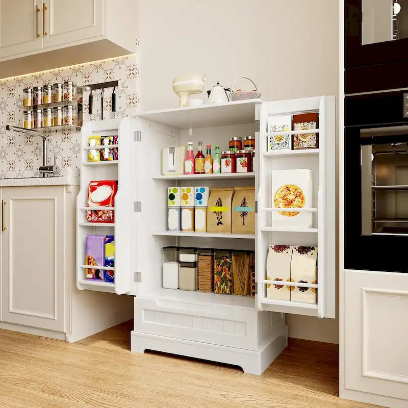 Armoire de cuisine blanche autoportante avec 3 étagères, 1 tiroir et rangements de porte – Montage par 1 personne