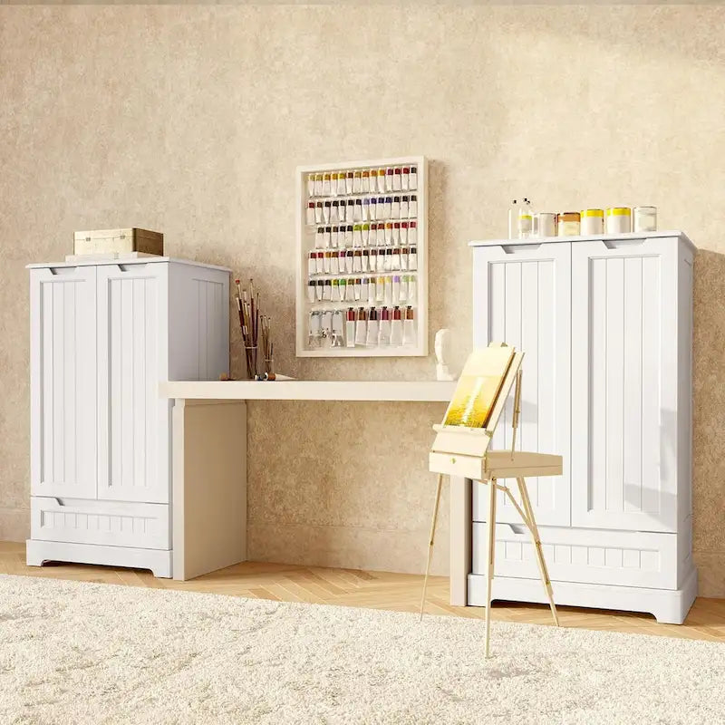 Armoire de cuisine blanche autoportante avec 3 étagères, 1 tiroir et rangements de porte – Montage par 1 personne