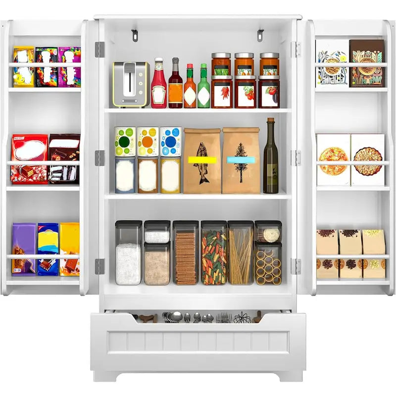 Armoire de cuisine blanche autoportante avec 3 étagères, 1 tiroir et rangements de porte – Montage par 1 personne