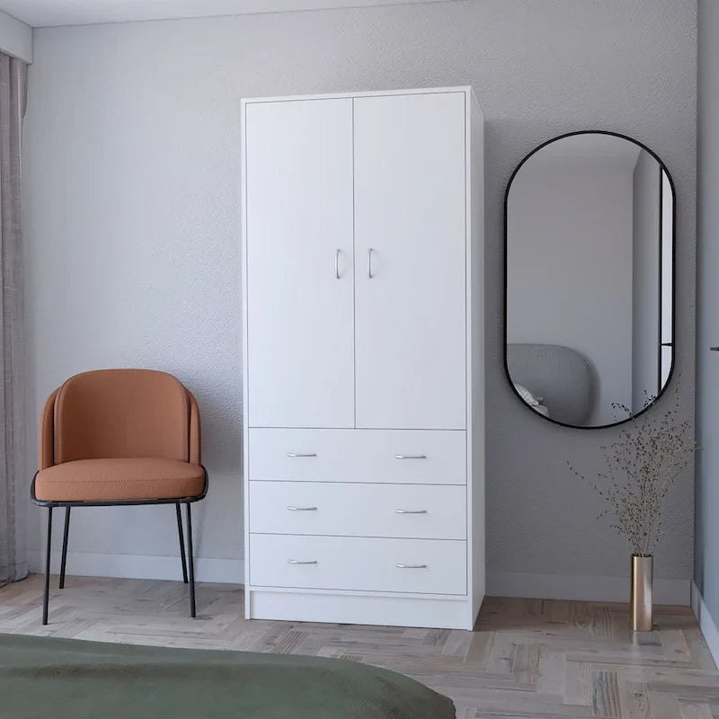 Armoire 2 portes avec tiroirs et tringle, blanc et noir, 1 personne