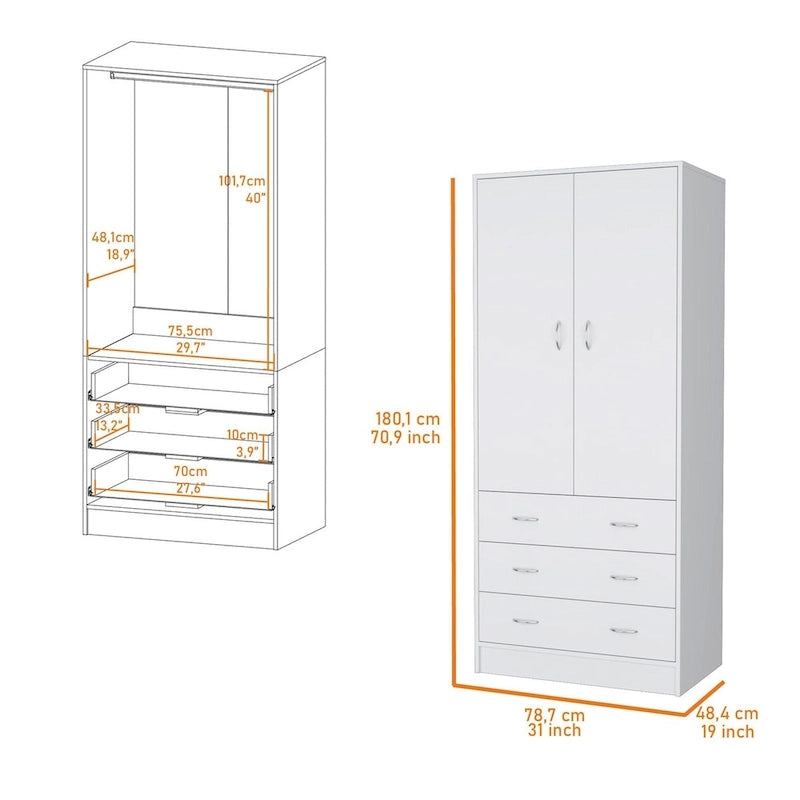 Armoire 2 portes avec tiroirs et tringle, blanc et noir, 1 personne