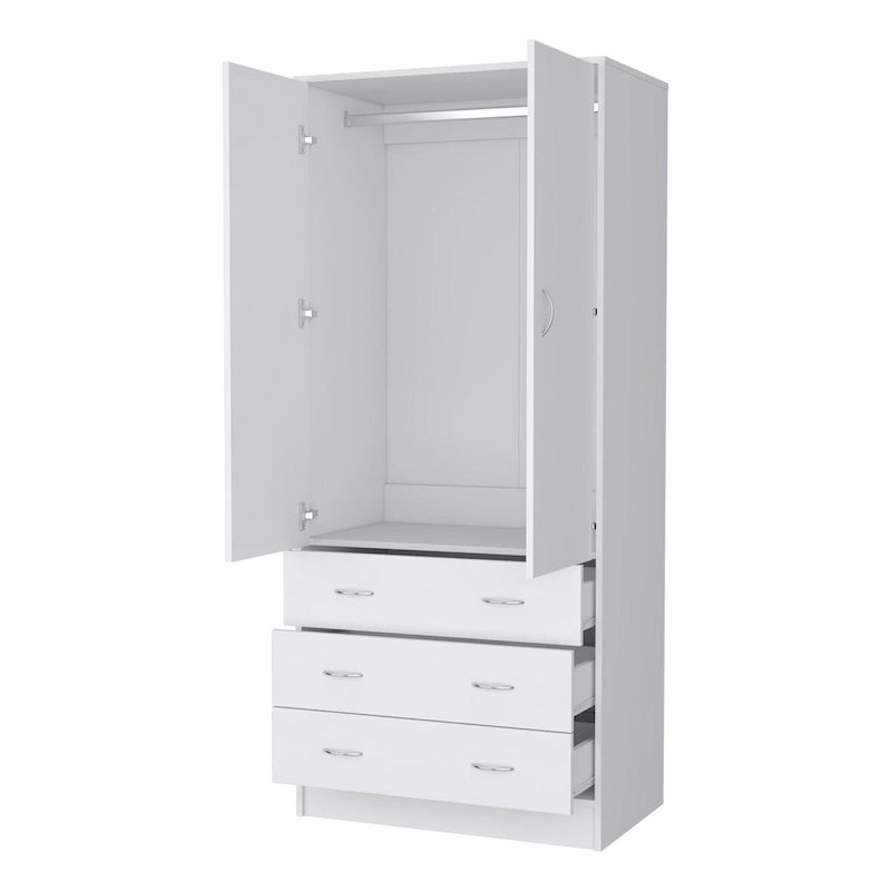 Armoire 2 portes avec tiroirs et tringle, blanc et noir, 1 personne