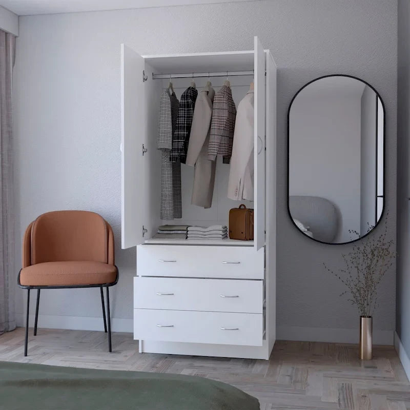 Armoire 2 portes avec tiroirs et tringle, blanc et noir, 1 personne
