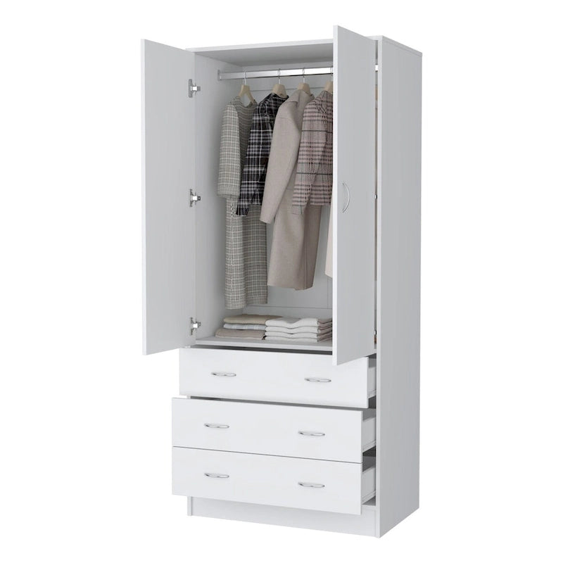 Armoire 2 portes avec tiroirs et tringle, blanc et noir, 1 personne