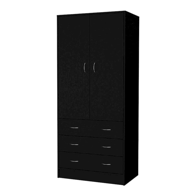Armoire 2 portes avec tiroirs et tringle, blanc et noir, 1 personne