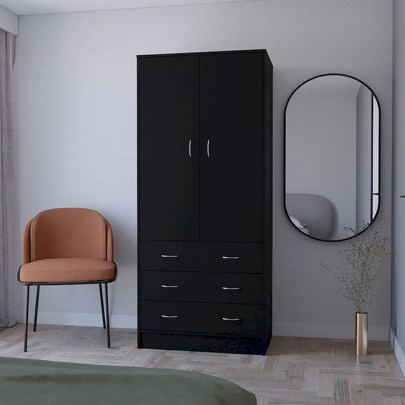 Armoire 2 portes avec tiroirs et tringle, blanc et noir, 1 personne